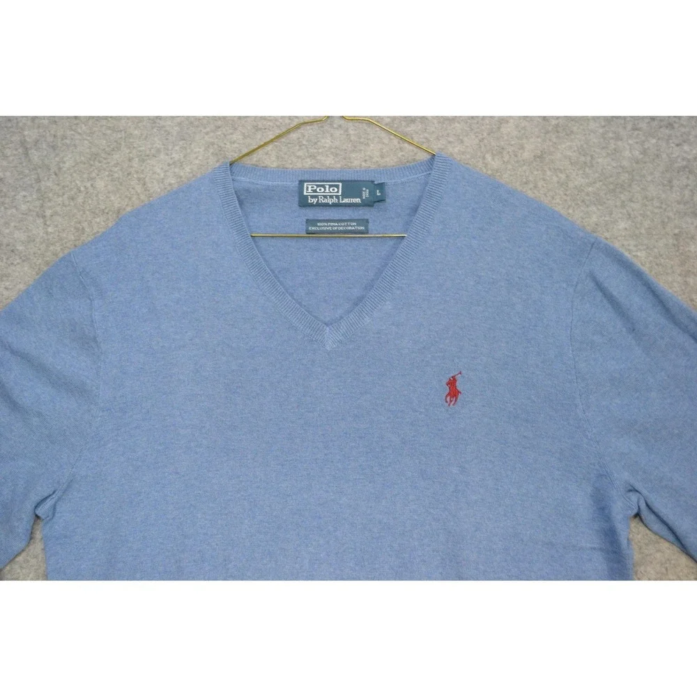 VTG Polo Ralph Lauren Sweater Mens L Blue‎ Pure Pima Cotton V Neck Knit Pullover
